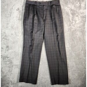Harold Powell Pants Men's 34x29 Gray Window Pane Wool Flannel Trousers Pleated